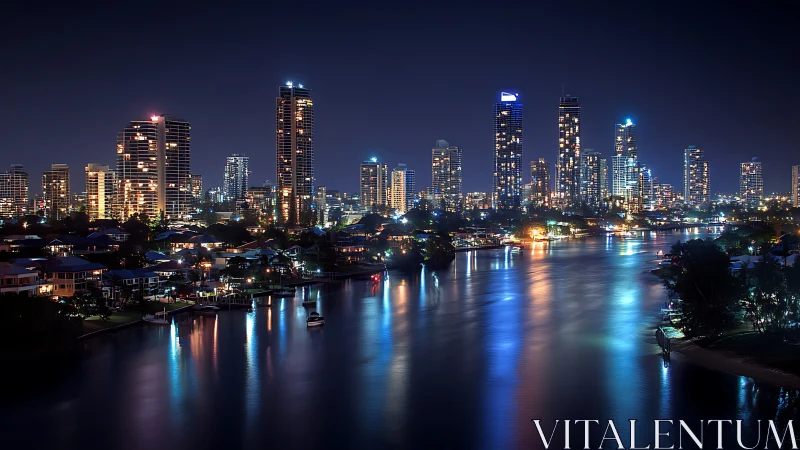 City river skyline at night with high-rise lights reflected.