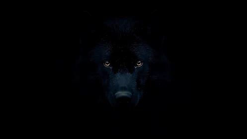 Midnight wolf gaze emerging from velvet shadowed silence.