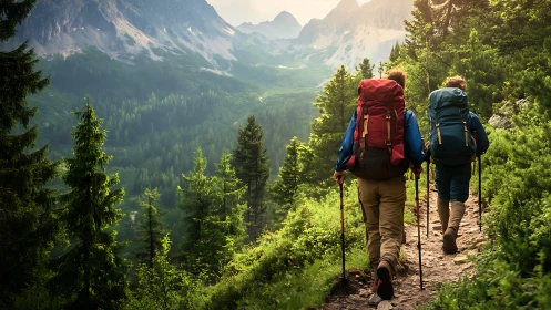 Backpackers ascend lush alpine trail toward sunlit peaks.