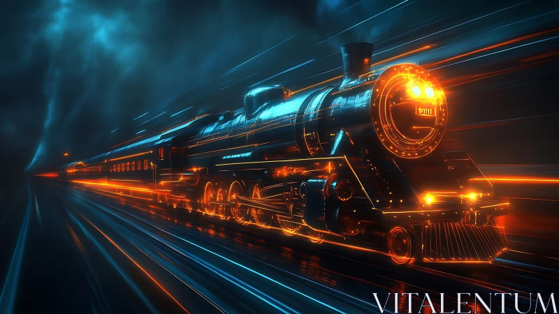 Neon night express racing through stormlit digital rails.