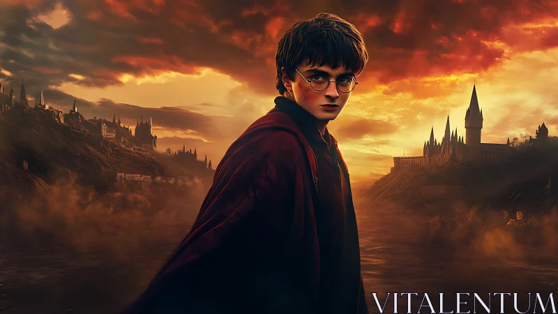 Young wizard stands before twin castles at burning dusk