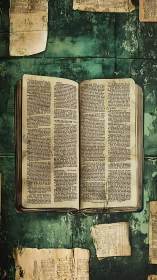 Photorealistic flat-lay of antique open book on teal patina wall.
