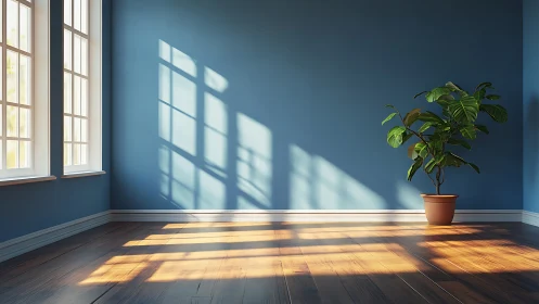Sunlit blue interior with hardwood floor and single potted plant