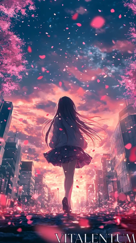 Twilight city avenue under drifting anime sakura petals.