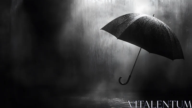 Black umbrella suspended in rain against dark wet backdrop.
