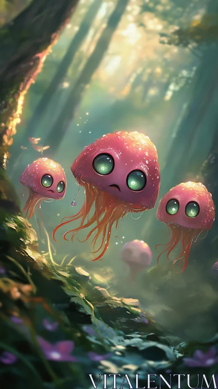 Glowing jellyfish creatures drift through soft forest light.