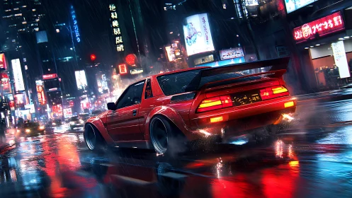 Red sports car drifting on wet neon city street at night.