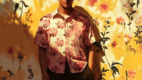 Male figure in floral shirt against sunlit painted wall