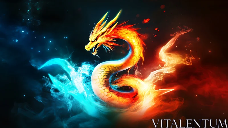 Elemental dragon coils through fire and ice in vivid contrast.