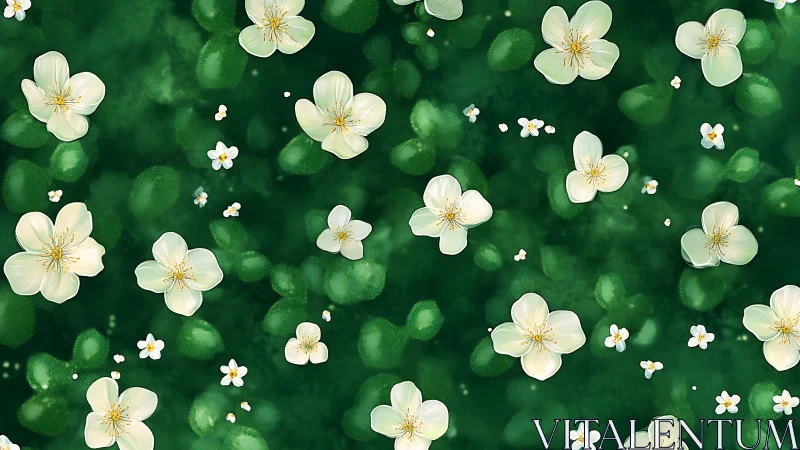 Cream Flowers Blooming Against Emerald Foliage Background.