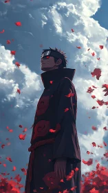 Cloaked figure under clouds with scattered red petals.