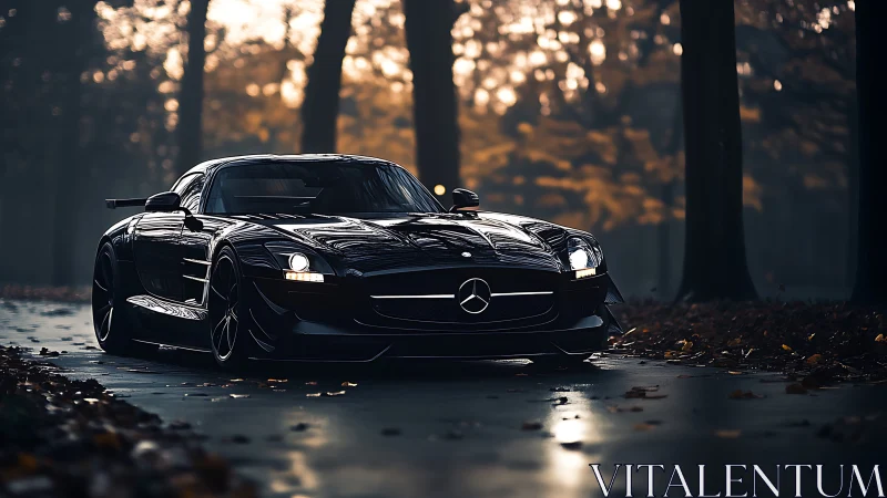 Midnight black supercar prowls through misty autumn woods.