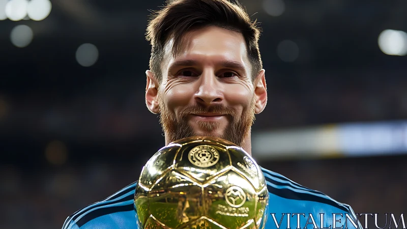 Football player holding golden trophy under stadium lights
