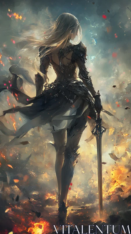 Figure in stylized armor stands amid diffuse fire and smoke