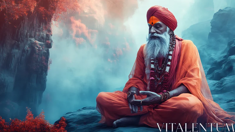 Mystic sage in ember robes meditating through mountain mist.