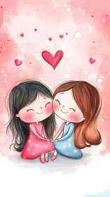 Two Cartoon Girls Sharing Affectionate Moment with Floating Hearts