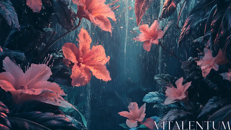 Digitally rendered floral composition with contrasting warm and cool tones