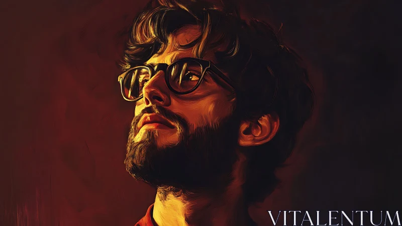 Moody digital portrait of bearded man in warm chiaroscuro.