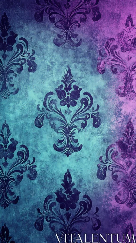 Damask silhouettes drift through teal and violet dusk