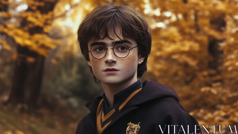 Photorealistic young wizard portrait in autumn forest setting.