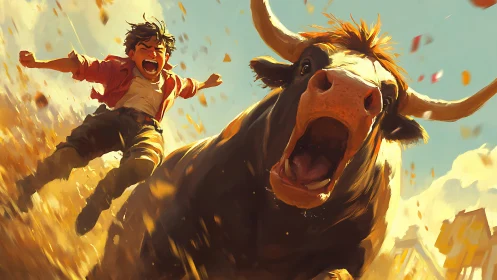 Wild sprint beside roaring bull in sunlit chaos.