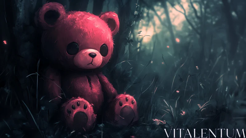 Lonely red teddy bear in dark misty forest at dusk.