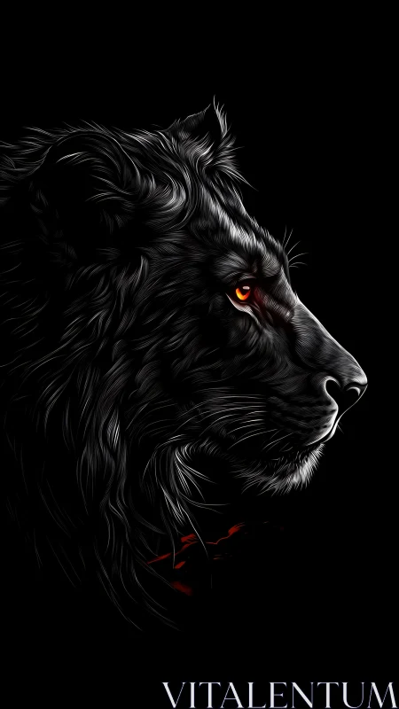 Black lion profile with red eye on dark background.