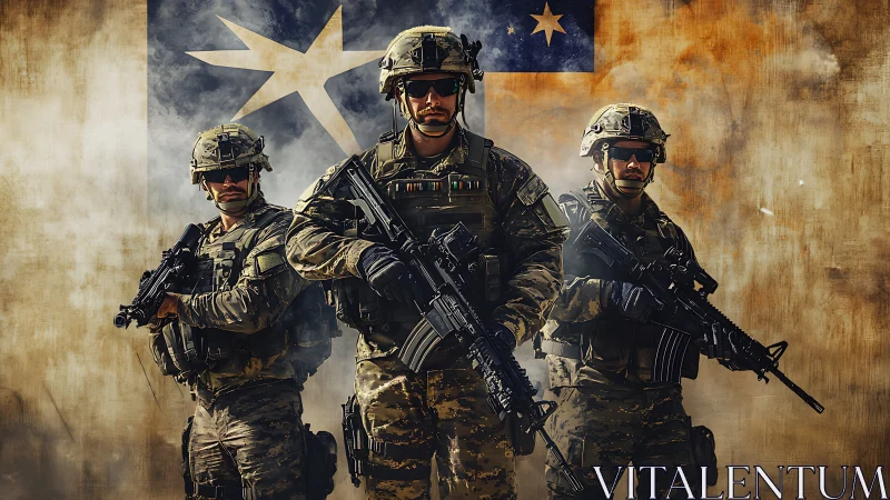 Militaristic triad before stylized national flag backdrop.