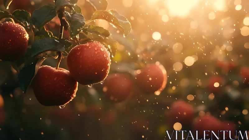 Backlit dewy apples in orchard rainfall with warm bokeh glow