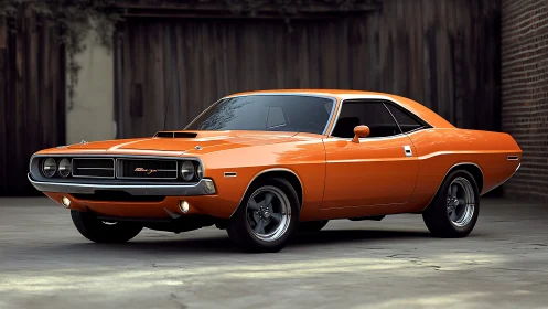 Orange classic muscle coupe in high-contrast courtyard lighting.