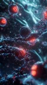 Viral microcosm glows inside twisting cellular strands.