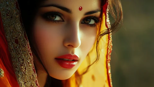 Ember-eyed bride wrapped in golden-threaded silence.