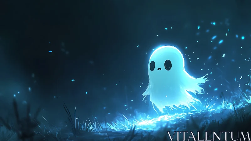 Gentle blue ghost drifts through a glowing moonlit meadow