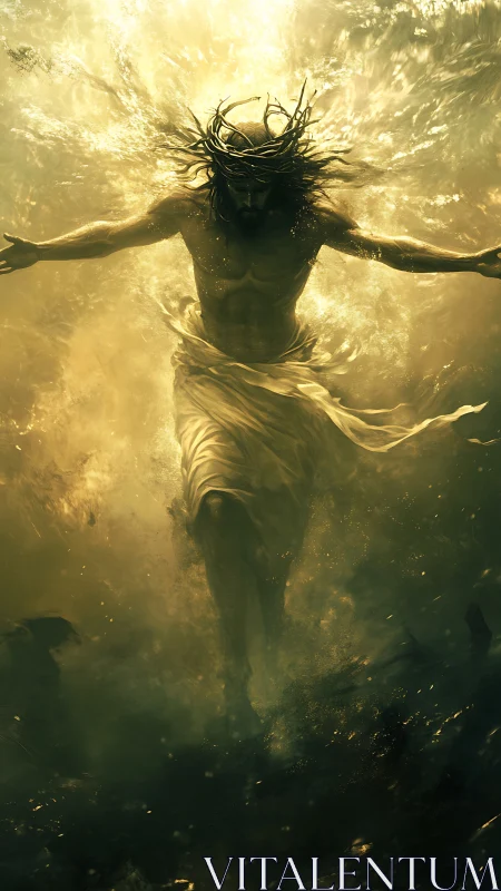 Backlit ascendant figure with luminous volumetric golden atmosphere