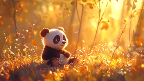 Tiny panda soaks in a golden autumn daydream of light