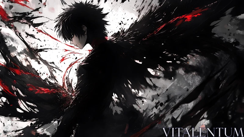 Shadowed anime figure with dynamic black and crimson wings.