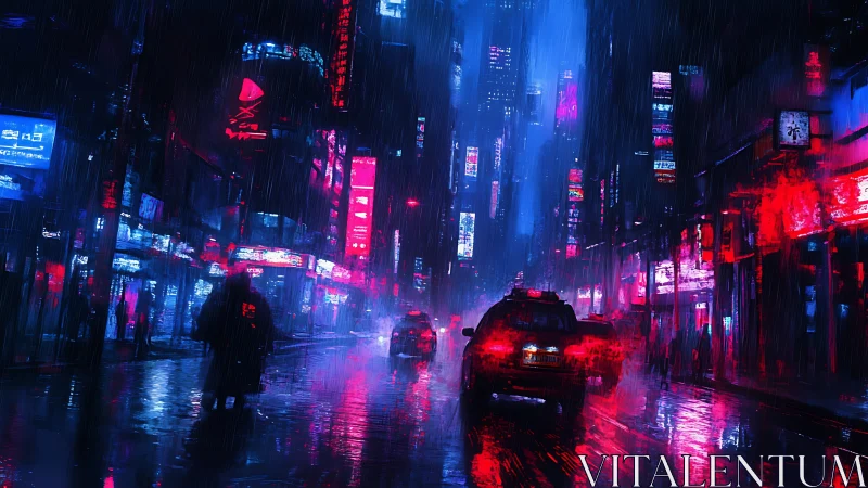 Neon-soaked cyberpunk street under heavy night rain.