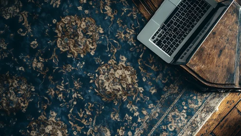 Open laptop on rustic wooden table beside patterned rug.
