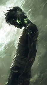 Brooding cyber-soul with glowing fractures in quiet storm.