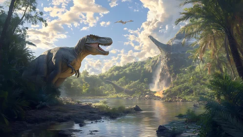 Roaring T‑rex commands a sunlit primeval jungle river