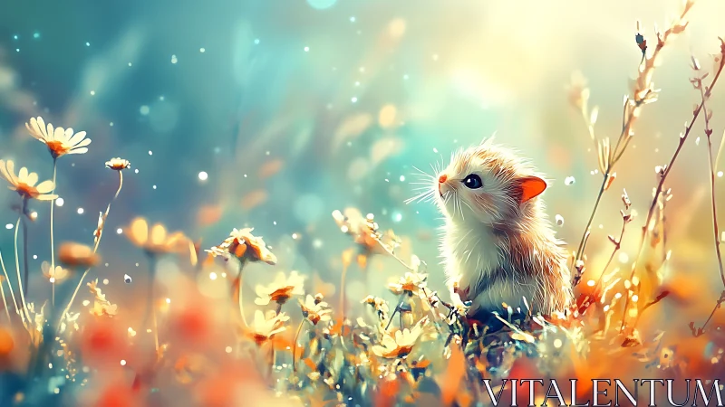 Daydreaming meadow mouse in sparkling pastel sunrise glow.