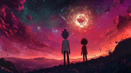 Stargazing duo beneath a swirling cosmic portal at dusk.