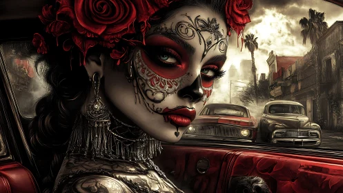 Calavera woman in vintage lowrider amid smoky barrio street