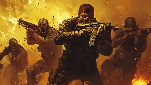 Armored soldiers advance through blazing inferno of war