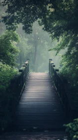 Whispering woodland bridge dissolving into soft morning mist.