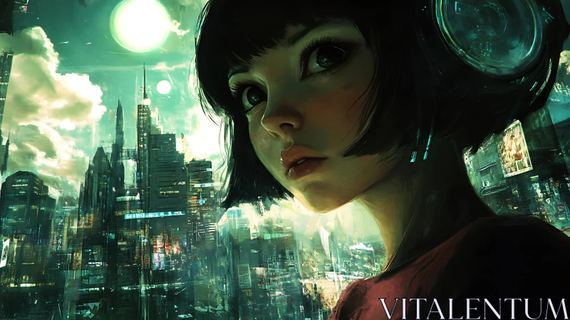 Cyberpunk city portrait with neon-lit interface detailing.