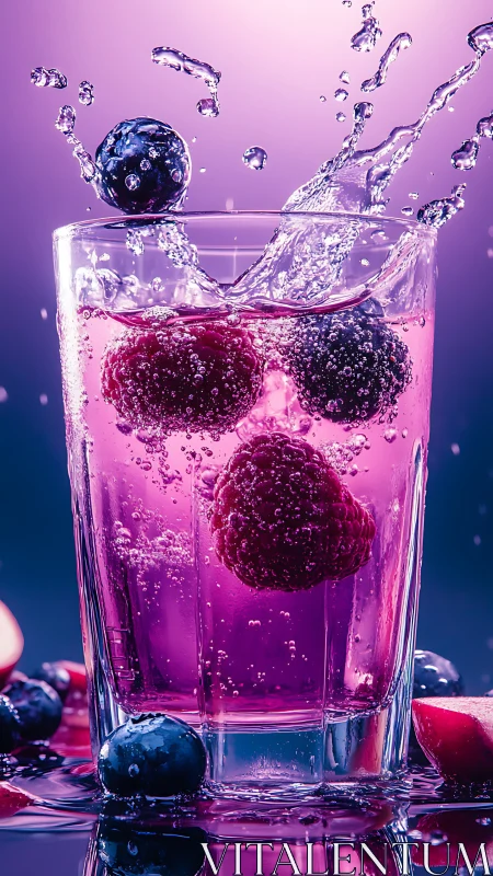 Splash Impact: Berries Dive into Pink Fizzy Beverage.
