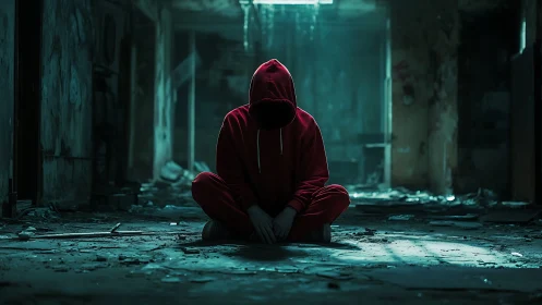 Hooded figure in red tracksuit amid derelict industrial hall.