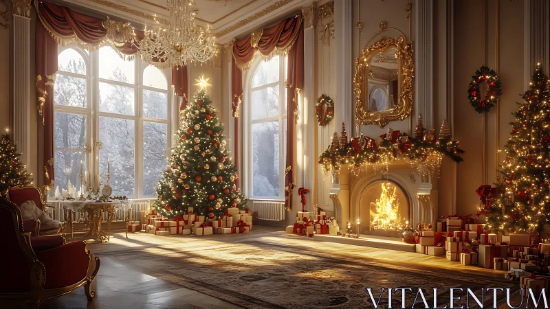 Grand festive salon with opulent Christmas trees aglow.