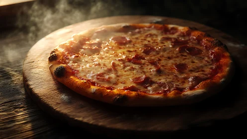Wood-fired pepperoni pizza glows under dramatic warm light.